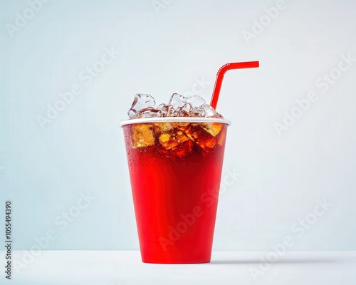 A vibrant red cup filled with a refreshing cold drink and ice cubes, perfect for summer days. It invites thirst-quenching moments, adding a fun touch to any gathering.