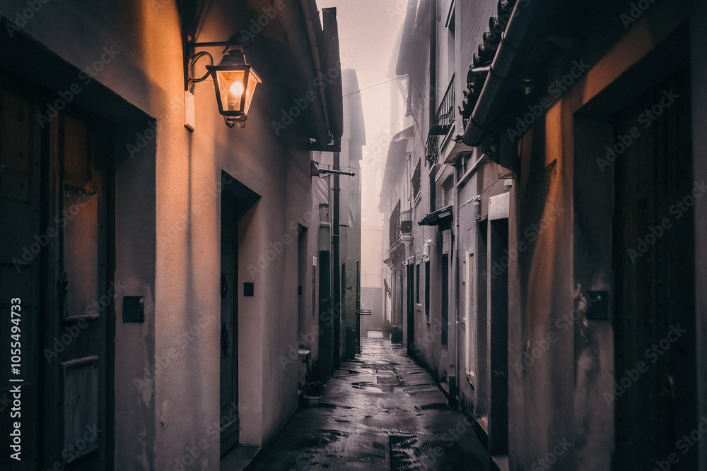 Obraz premium narrow alleyways in a historic part of the city, where fog creates an intimate, mysterious feel, and dim lights barely illuminate the area.