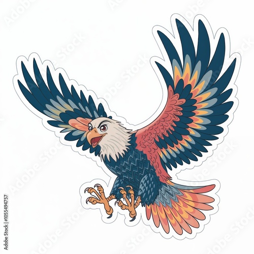 Majestic cartoon eagle with colorful feathers and fierce expression perched confidently, highlighting strength and pride in a nature-inspired style photo