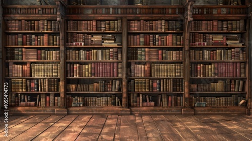 An antique library with towering wooden shelves holding countless dusty, leather-bound books, evoking a sense of timeless wisdom and historical exploration.