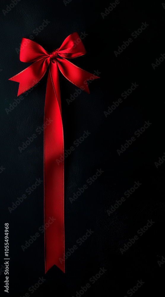 A stylish vertical red ribbon tied neatly into a bow against a dark backdrop. Perfect for themes of elegance, celebration, and gift wrapping A stylish vertical red ribbon tied neatly into a bow against a dark backdrop. Perfect for themes of elegance, celebration, and gift wrapping