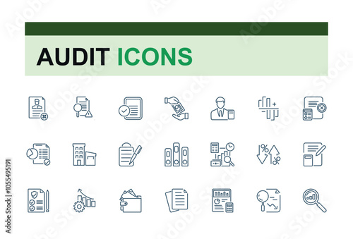 Accounting and Audit thin line icon set. Contains related to inspecting, concept, bank, management, check, audit, rate and more. Thin UI icon design. Editable stroke.