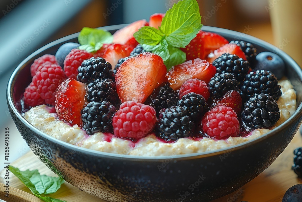 Bowl of Oatmeal with Fresh Berries and Mint Bowl of Oatmeal with Fresh Berries and Mint
