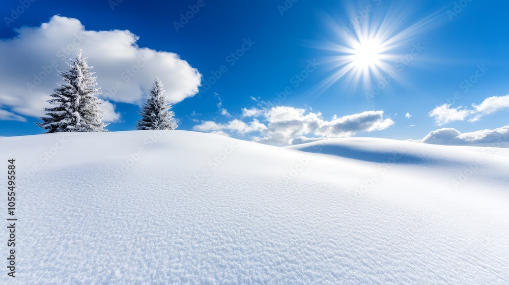 A snow-covered hill is bathed in sunlight, with trees in the foreground and clouds in the background A snow-covered hill is bathed in sunlight, with trees in the foreground and clouds in the background