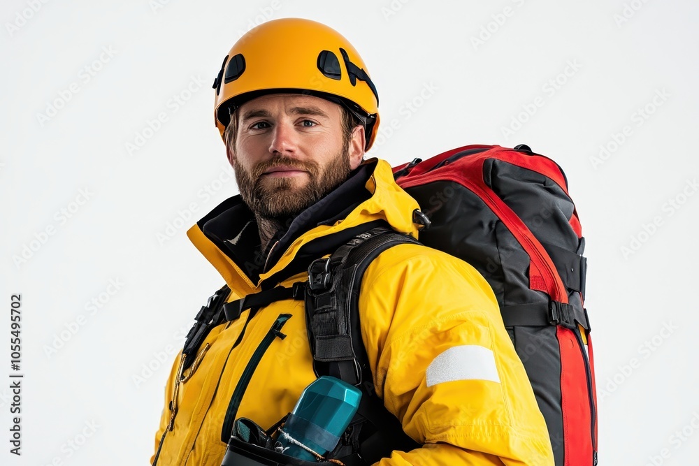 A mountaineer prepares for an adventure in winter gear with climbing tools and a bright yellow helmet A mountaineer prepares for an adventure in winter gear with climbing tools and a bright yellow helmet