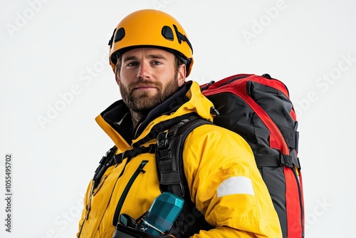 A mountaineer prepares for an adventure in winter gear with climbing tools and a bright yellow helmet