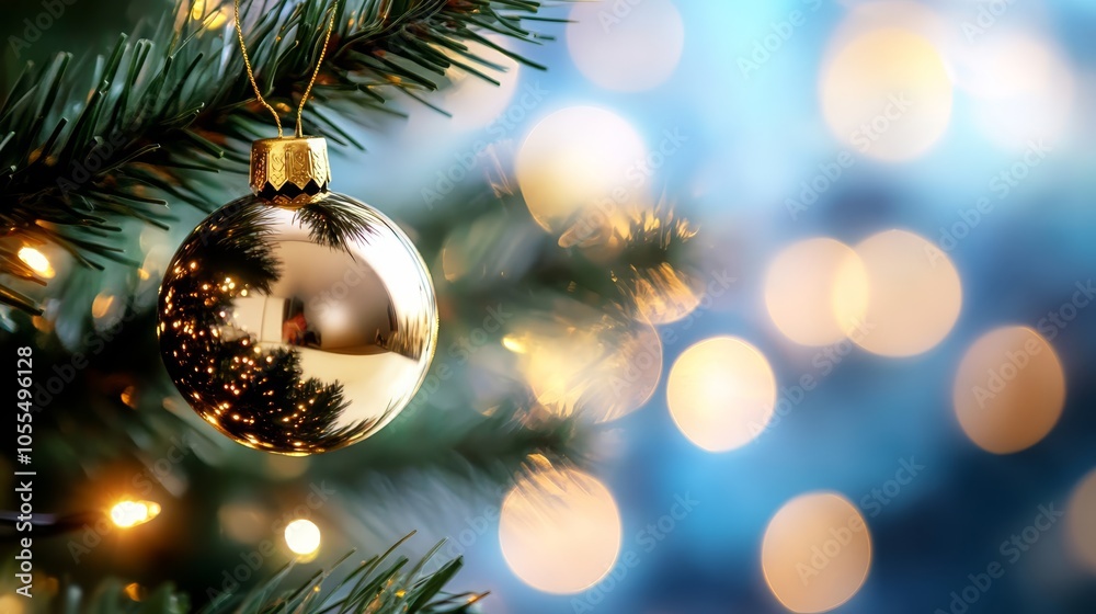  A tight shot of a Christmas ornament against a backdrop of twinkling holiday lights on a Christmas tree
