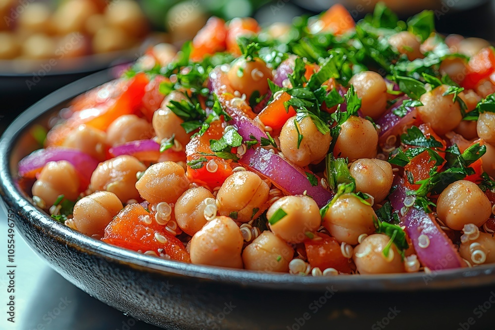 A close-up of a bowl of chickpea salad with tomatoes, red onion, and parsley