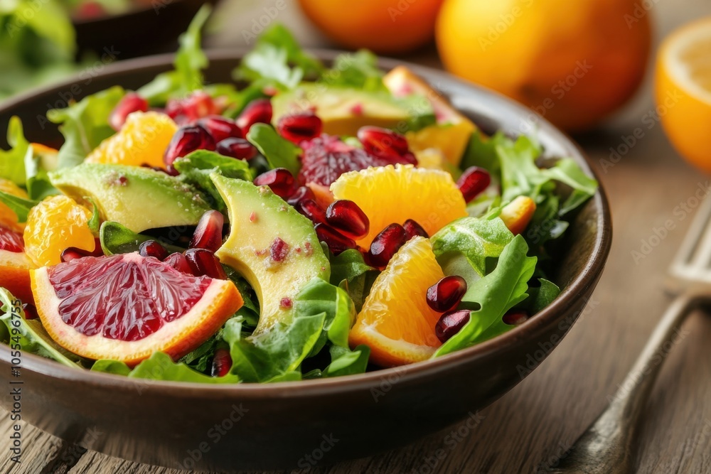 A healthy citrus salad with mixed green, orange segments, avocado slices, pomegranate seeds, and a light vinaigrette, served in a ceramic bowl on a wooden table, fresh ingredients and vibrant flavors. A healthy citrus salad with mixed green, orange segments, avocado slices, pomegranate seeds, and a light vinaigrette, served in a ceramic bowl on a wooden table, fresh ingredients and vibrant flavors.