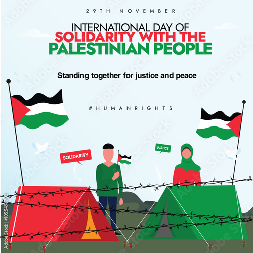 International Day of Solidarity with the Palestine people. 29th November Solidarity with Palestinians day celebration banner with boy and girl holding its flags standing near camps behind barbed wires