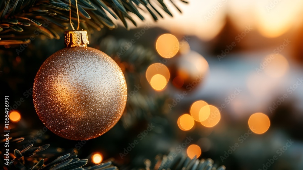  A close-up of a Christmas ornament on a tree, surrounded by twinkling lights in the background
