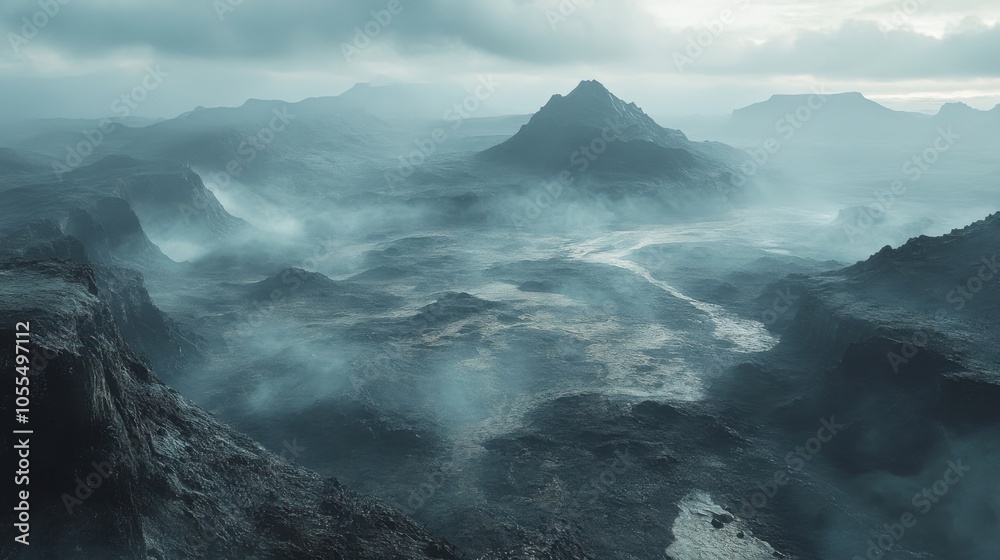 Misty mountain landscape at dawn with rugged terrain and flowing river under a cloudy sky Misty mountain landscape at dawn with rugged terrain and flowing river under a cloudy sky