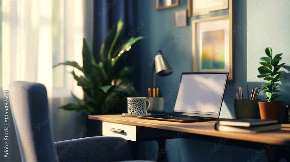 A warmly lit home office features a sleek laptop on a wooden desk, surrounded by vibrant green plants, cozy chair, and framed artwork on a calming blue wall.