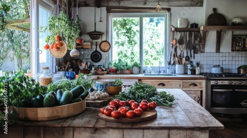 A bright, rustic kitchen showcases fresh vegetables, herbs, and spices, creating a cozy atmosphere. Wooden countertops and open windows enhance the natural feel.