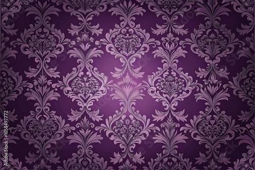 Dark plum wallpaper with intricate floral patterns featuring lavender and lilac hues in a repetitive border design, purple, elegant design, wall decor