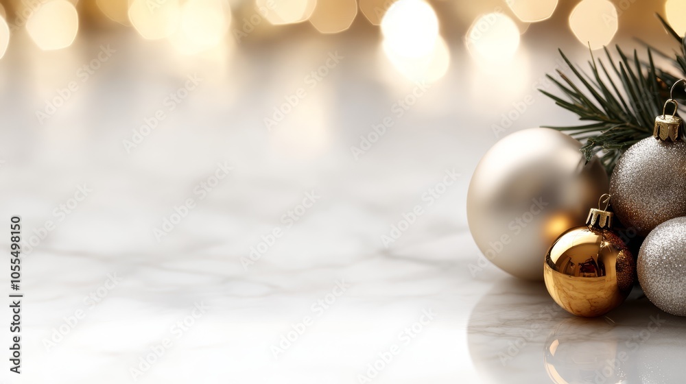 A collection of silver and golden ornaments atop a white marble counter, backdropped by Christmas lights A collection of silver and golden ornaments atop a white marble counter, backdropped by Christmas lights