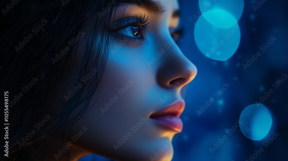 Profile of a woman with soft blue lighting and bokeh background in artistic portrait