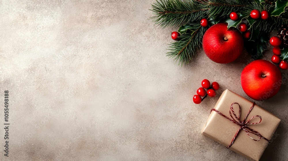  A Christmas gift, wrapped in brown paper, secured with a red ribbon Nearby, a tree branch - adorned with red berries