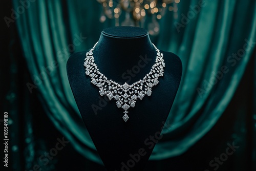 Elegant necklace displayed on a black bust against a rich green backdrop in a jewelry showcase