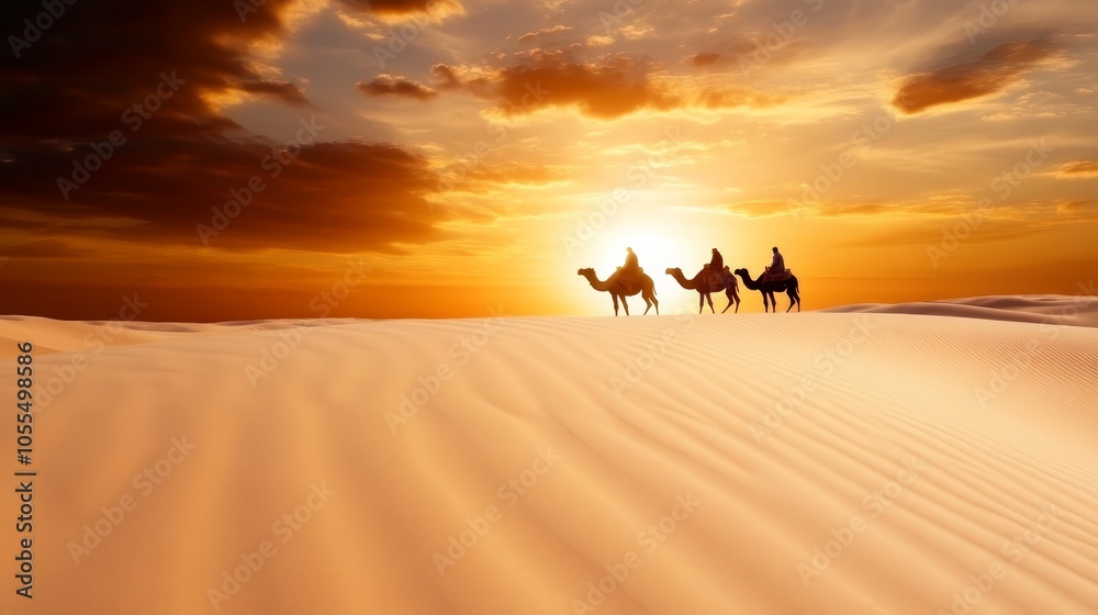 Three camels traverse the desert as the sun sets, backdroped by a sinking orb in the sky Three camels traverse the desert as the sun sets, backdroped by a sinking orb in the sky
