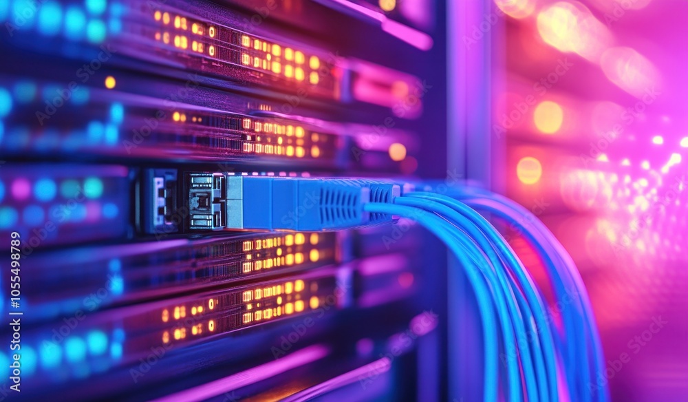 A close-up of a network switch with blue cables connected A close-up of a network switch with blue cables connected
