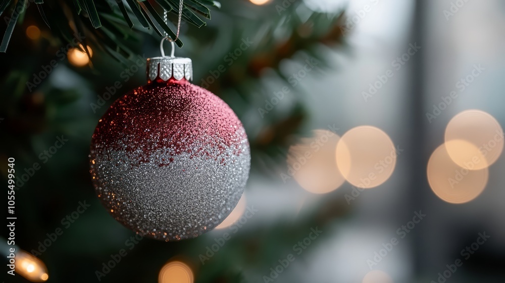 A tight shot of a Christmas ornament suspended from a tree against a backdrop of bottle lights A tight shot of a Christmas ornament suspended from a tree against a backdrop of bottle lights