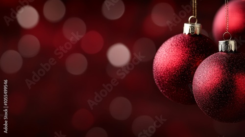  Two red Christmas ornaments dangle from a string against a dark red backdrop Background features twinkling lights, subtly blurred photo