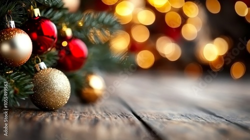  A tight shot of a Christmas tree, adorned with red and golden baubles, against a softly blurred background of another Christmas tree