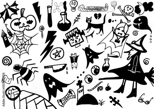 set of Halloween doodle icon from hand drawing style of black line on white background ghost, spider, pumpkin, rip, mummy