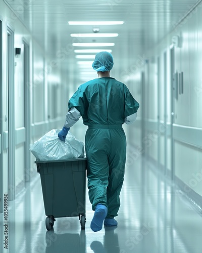 Surgeon walking away in hospital corridor pushing waste container photo