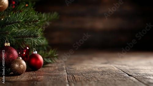  A tight shot of a Christmas tree adorned with red and golden baubles, contrasting against a backdrop of a pine tree