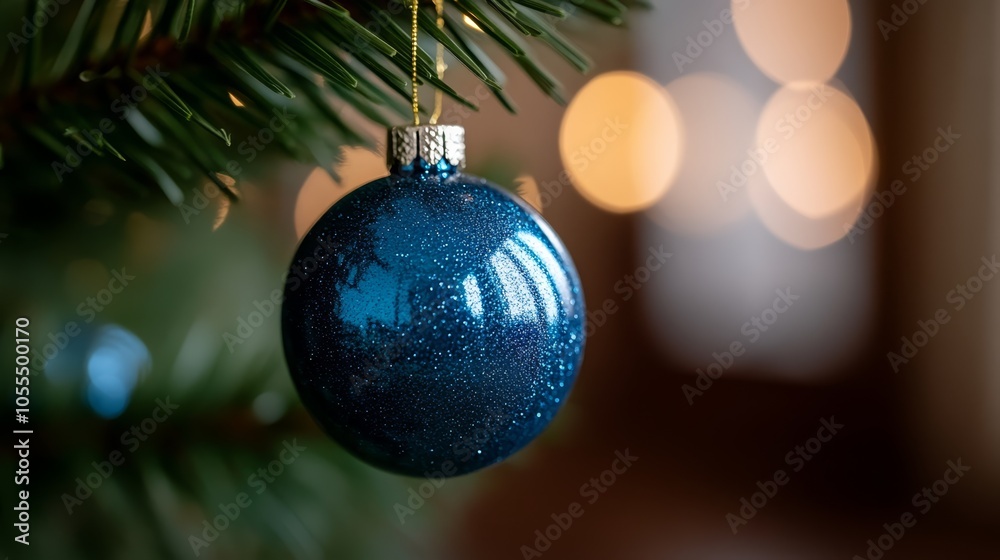 Fototapeta premium A blue ornament dangles from a Christmas tree against a backdrop of twinkling lights