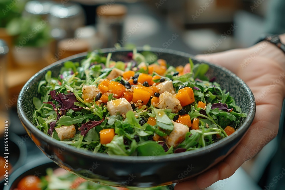 Close-up of a Hand Holding a Bowl of Fresh Salad with Orange Cubes and Toppings Close-up of a Hand Holding a Bowl of Fresh Salad with Orange Cubes and Toppings
