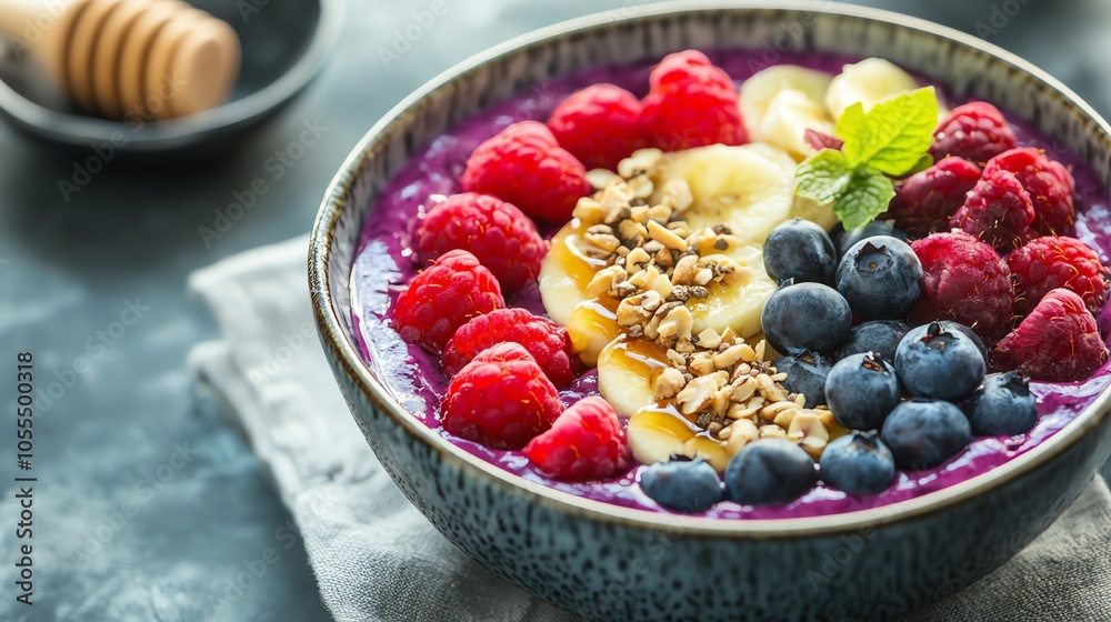 A bowl of acai topped with raspberries, blueberries, banana, and granola. A bowl of acai topped with raspberries, blueberries, banana, and granola.