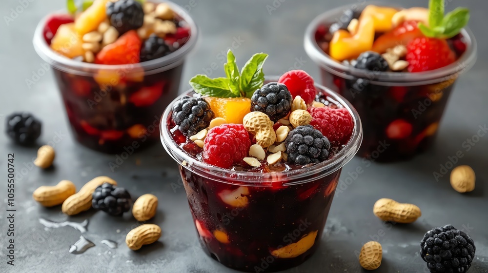 A close-up shot of an acai bowl topped with pineapple, strawberries, blueberries, and nuts. A close-up shot of an acai bowl topped with pineapple, strawberries, blueberries, and nuts.