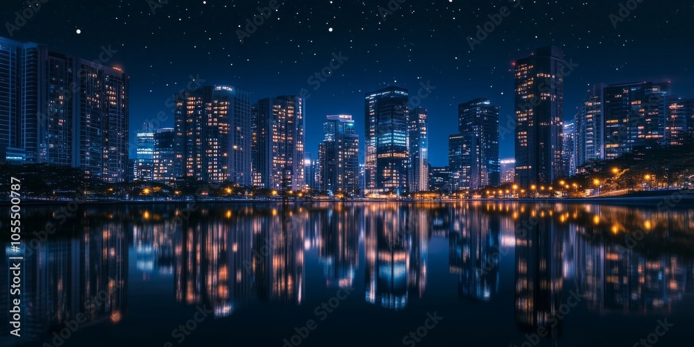 Obraz premium A city at night with tall buildings lit up, their reflections shimmering in a peaceful, digital world. This beautiful scene is perfect for a technology background.