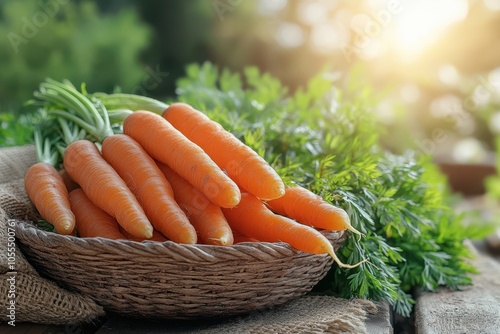 Freshly harvested carrots in a basket with greenery in a sunlit garden setting