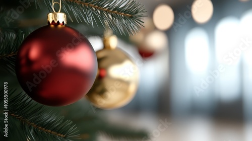  A tight shot of a Christmas tree, adorned with red and gold baubles amidst its verdant needles