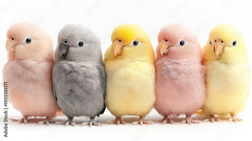 Fototapeta premium Five colorful parakeets on white background.