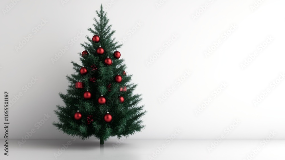 A small green Christmas tree adorned with red ornaments hangs against a white background A small green Christmas tree adorned with red ornaments hangs against a white background
