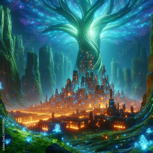 Hyperrealistic Bioluminescent Tree City	 photo