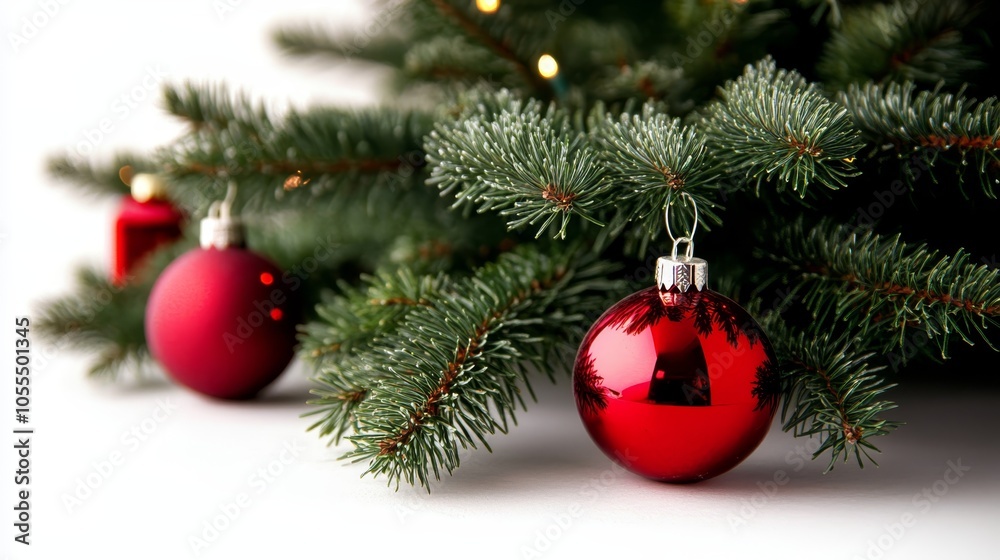 A red Christmas ball close-up on branches against a white backdrop A red Christmas ball close-up on branches against a white backdrop