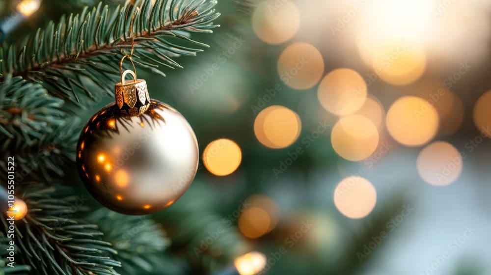A tight shot of a Christmas tree, adorned with a golden ornament dangling from its emerald-green branches A tight shot of a Christmas tree, adorned with a golden ornament dangling from its emerald-green branches