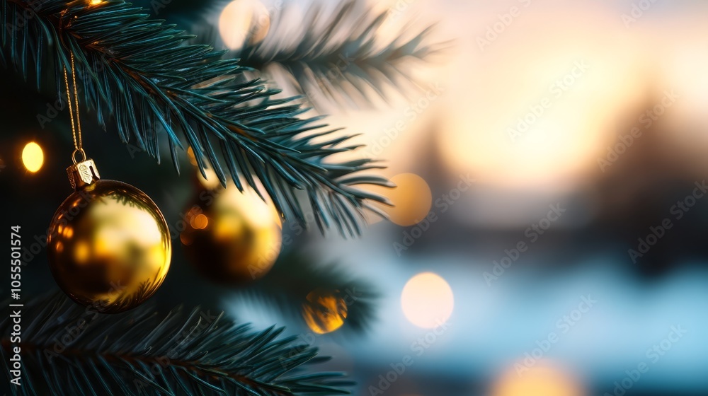 gold baubles adorn branches; background features blurred lights gold baubles adorn branches; background features blurred lights