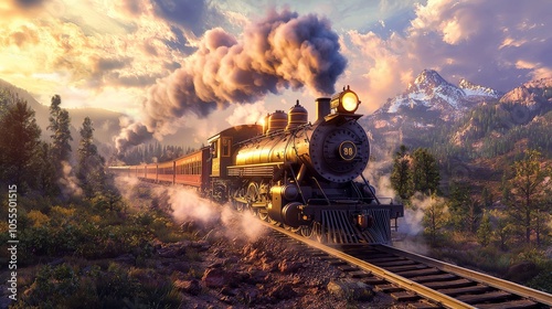 A powerful steam locomotive charging forward along the Transcontinental Railroad, thick smoke and vibrant colors creating a dynamic scene of speed and progress, surrounded by scenic wilderness.