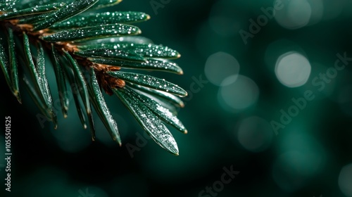 green needles dotted with water drops, background softly blurred photo