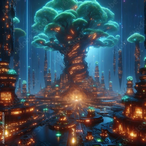 Bioluminescent City in Ancient Tree	 photo