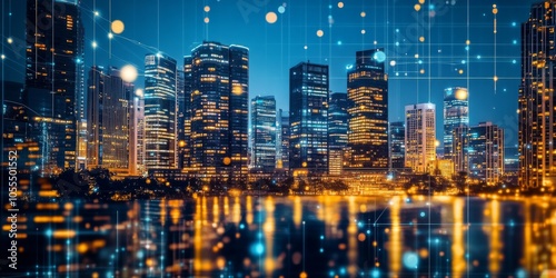 Wallpaper Mural A city at night with tall buildings lit up, their reflections shimmering in a peaceful, digital world. This beautiful scene is perfect for a technology background. Torontodigital.ca