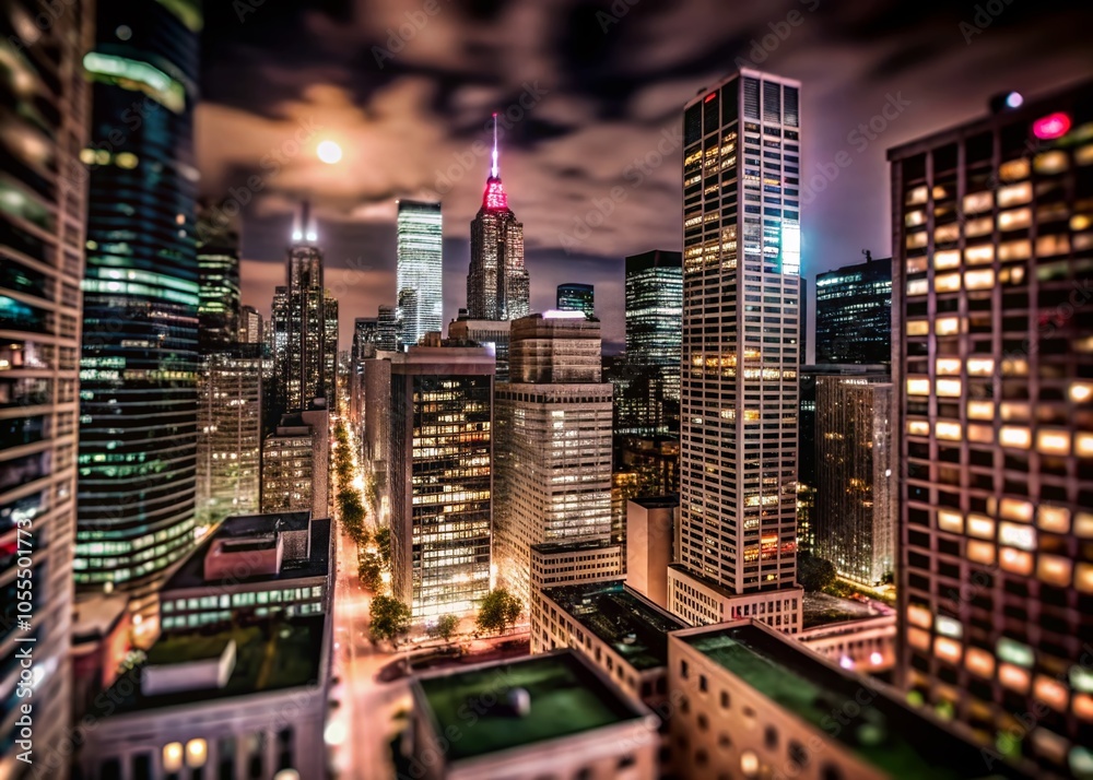 Night Photography of a Sleek Urban Skyline with a Worm's Eye View Perspective for Dramatic Effect Night Photography of a Sleek Urban Skyline with a Worm's Eye View Perspective for Dramatic Effect