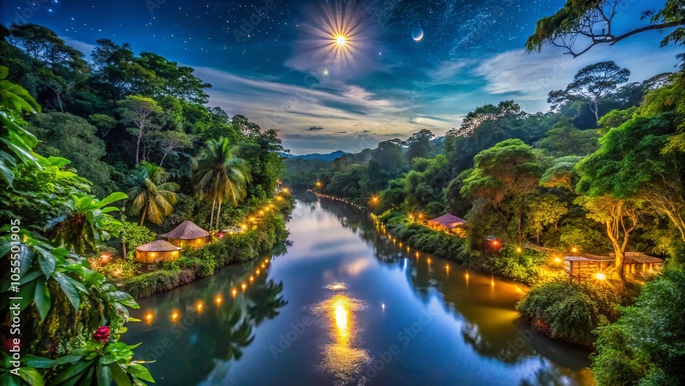 Fototapeta premium Night Photography of Amazon Rainforest with River and Canopy Celebrating Hispanic Heritage Month